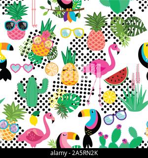 Seamless, Tileable Tropical Vector Pattern with Flamingos, Toucans, Cacti and Tropical Leaves Stock Vector