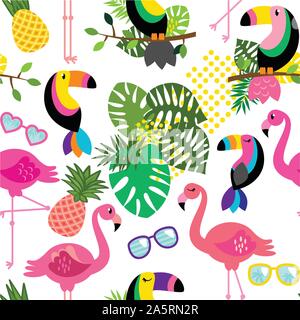 Seamless, Tileable Tropical Vector Pattern with Flamingos, Toucans, Cacti and Tropical Leaves Stock Vector