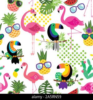 Seamless, Tileable Tropical Vector Pattern with Flamingos, Toucans, Cacti and Tropical Leaves Stock Vector