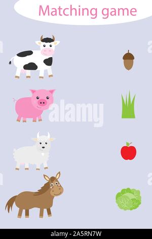 What they eat, matching game with farm animals for children, fun education game for kids, educational task for the development of logical thinking, pr Stock Vector