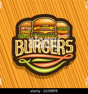 Vector logo for Burgers, dark sign with cheeseburger, fresh veggieburger and hamburger with fried chicken cutlet, original typeface for word burgers, Stock Vector