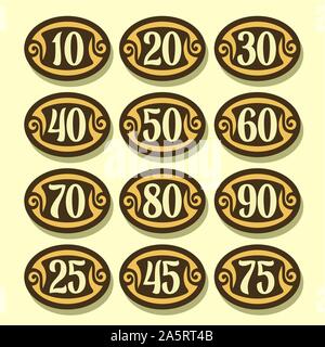 Vector set of Number icons for anniversary, dark stylish symbols for wedding, collection of oval isolated objects with calligraphy numbers, illustrati Stock Vector