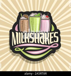 Vector logo for Milkshakes, 3 assorted dairy cocktails with soft serve ice cream decorated cherry and leaves of fresh spearmint, original lettering fo Stock Vector