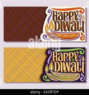 Vector banners for Indian Diwali with copy space, invite for religious hindu holiday with oil lamps and original brush typeface for wishes message - h Stock Vector