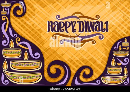 Vector greeting card for Indian Diwali with copy space, placard for religious hindu holiday with oil lamp, original brush typeface for quote message - Stock Vector