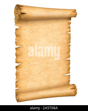 Old paper manuscript or papyrus scroll vertically oriented isolated on white background. Stock Photo