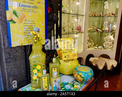 Entrance to shop featuring items made with organic, local lemons such as limoncello and lemon candy, Positano, Italy. Stock Photo