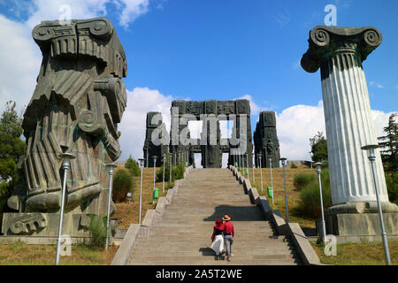 Couple on the Staircase of the Chronicle of Georgia, a Jaw dropping Monument Located on the Hilltop near Tbilisi City, Georgia Country Stock Photo