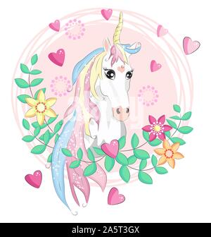 beautiful unicorn card, unicorn head inside a frame of hearts Stock Vector