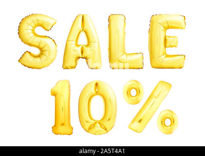 Words Sale 10% ten percent made of golden inflatable balloons isolated on white background. Sale discount concept. Stock Photo