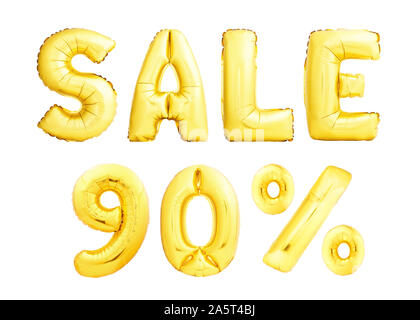 Words Sale 90% ninety percent made of golden inflatable balloons isolated on white background. Sale discount concept. Stock Photo