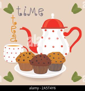 Vector illustration logo for ceramic cup, colorful teapot, teacup, sweet muffins in saucer. Teapot pattern consisting of tea brewed in porcelain cups Stock Vector