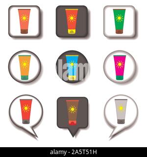 Vector icon illustration for set symbols summer sunscreen from sun. Sunscreen pattern consisting of flat design with elements mobile web apps. Collect Stock Vector