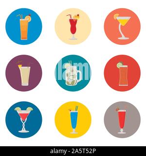 Vector icon illustration for set symbols summer cocktail with straw. Cocktail pattern consisting of flat design with elements mobile web apps. Collect Stock Vector