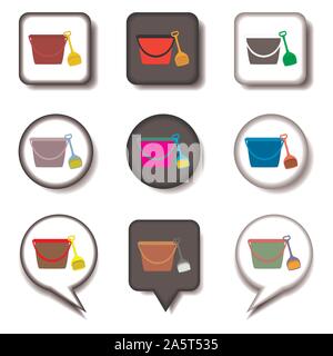 Vector icon illustration logo for set symbols bucket and spade for sand. Bucket pattern consisting of flat design with elements mobile web apps. Colle Stock Vector