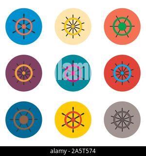 Vector icon illustration logo for set symbols steering wheel from the ship for travel. Steering pattern consisting of flat design with elements mobile Stock Vector