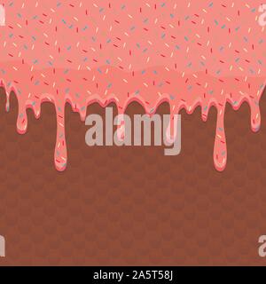 Vector icon illustration logo for dripping pink glaze on sweet waffles. Waffle pattern consisting of bubble different dessert confectionery, drop fres Stock Vector
