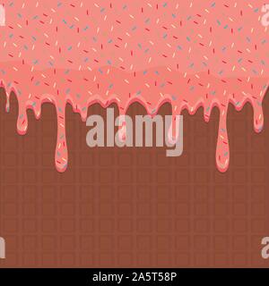 Vector icon illustration logo for dripping pink glaze on sweet waffles. Waffle pattern consisting of bubble different dessert confectionery, drop fres Stock Vector