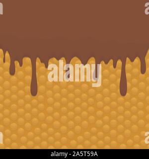 Vector icon illustration logo for falling drip chocolate on sweet waffles. Waffle pattern consisting of bubble different dessert confectionery, drop f Stock Vector
