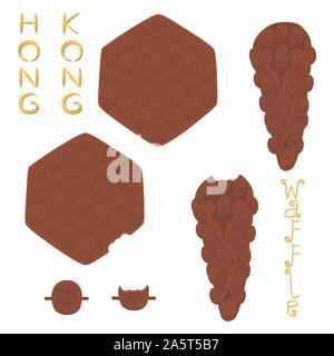 Vector icon illustration logo for set various sweet Hong Kong waffles with whipped cream. Waffle pattern consisting of bubble different dessert confec Stock Vector