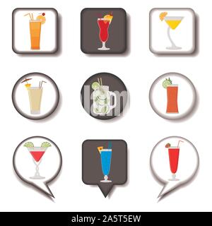 Vector icon illustration for set symbols summer cocktail with straw. Cocktail pattern consisting of flat design with elements mobile web apps. Collect Stock Vector