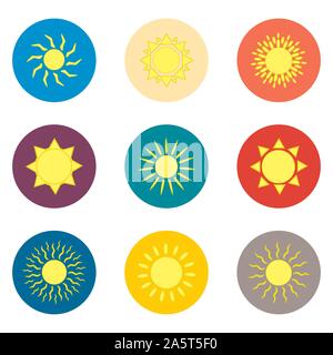 Vector icon illustration logo for set symbols hot yellow sunny sun with rays. Sun pattern consisting of flat design with elements mobile web apps. Col Stock Vector