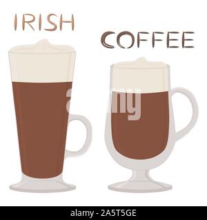 Vector illustration for cocktail creamy Irish coffee in glass cup with foam. Coffee pattern consisting of cups hot cappuccino coffee with whiskey, whi Stock Vector