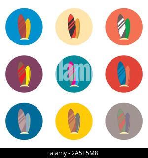 Vector icon illustration for set symbols surfboard, boards of surf. Surfboard pattern consisting of flat design with elements mobile web apps. Collect Stock Vector