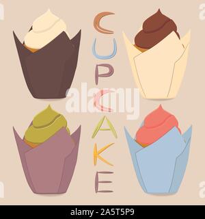 Vector icon illustration logo for whole berry cupcake, sweet homemade bakery. Cupcake pattern consisting of different dessert confectionery, whipped c Stock Vector