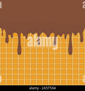 Vector icon illustration logo for falling drip chocolate on sweet waffles. Waffle pattern consisting of bubble different dessert confectionery, drop f Stock Vector