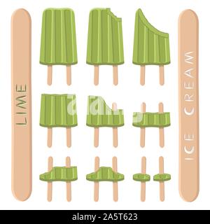 Vector illustration logo for natural lime ice cream on stick. Ice Cream pattern consisting of sweet cold icecream, set tasty frozen dessert. Fresh fru Stock Vector