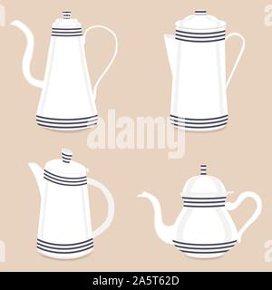 Abstract vector illustration logo for ceramic teapot, kettle on background. Teapot pattern consisting of glass kettles with handle, lid, spout for dra Stock Vector