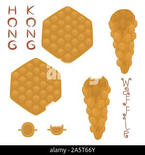 Vector icon illustration logo for set various sweet Hong Kong waffles with whipped cream. Waffle pattern consisting of bubble different dessert confec Stock Vector
