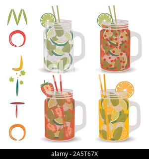 Vector icon illustration logo for alcohol cocktails mojito. Mojito pattern consisting of full glass cup with transparent cocktail, cubes of ice. Cockt Stock Vector