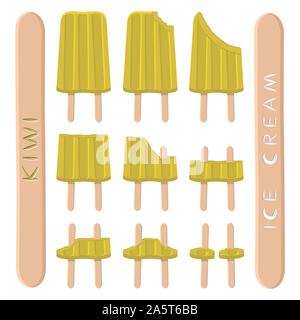 Vector illustration logo for natural kiwi ice cream on stick. Ice Cream pattern consisting of sweet cold icecream, set tasty frozen dessert. Fresh fru Stock Vector