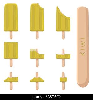 Vector illustration logo for natural kiwi ice cream on stick. Ice Cream pattern consisting of sweet cold icecream, set tasty frozen dessert. Fresh fru Stock Vector