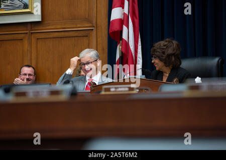 United States Representative Maxine Waters (Democrat of California) wishes United States Representative Patrick McHenry (Republican of North Carolina) a happy birthday prior to the U.S. House Committee on Financial Services hearing on Capitol Hill in Washington, DC, U.S. on October 22, 2019. Credit: Stefani Reynolds/CNP /MediaPunch Stock Photo