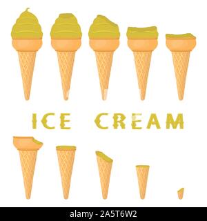 Vector illustration for natural kiwi ice cream on waffle cone. Ice Cream pattern consisting of sweet cold icecream, tasty frozen dessert. Fresh fruit Stock Vector