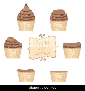 Vector illustration for natural coffee ice cream on paper cup. Ice Cream pattern consisting of sweet cold icecream, set tasty frozen dessert. Fresh fr Stock Vector