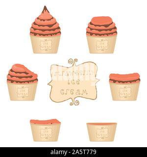 Vector illustration for natural strawberry ice cream on paper cup. Ice Cream pattern consisting of sweet cold icecream, set tasty frozen dessert. Fres Stock Vector