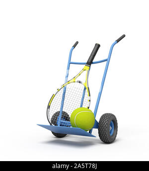3d rendering of navy blue hand truck standing upright in half-turn with tennis ball and racket on it. Stock Photo
