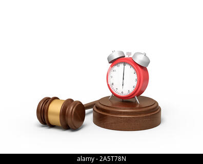 3d rendering of red alarm clock standing on sounding block with judge gavel lying beside. Stock Photo