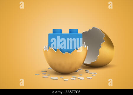 3d rendering of blue Lego brick that just hatched out from golden egg. Stock Photo