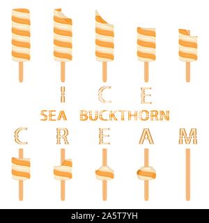 Vector illustration logo for natural sea buckthorn ice cream on stick. Ice Cream pattern consisting of sweet cold icecream, set tasty frozen dessert. Stock Vector