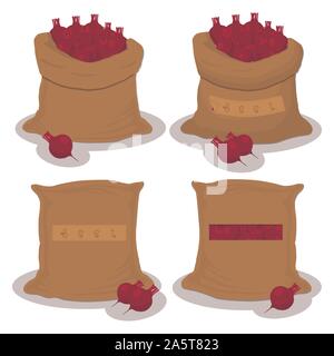 Vector icon illustration logo for bags filled with vegetable red beet, storage in sacks. Beet pattern consisting of ripe food, raw product on open Sac Stock Vector
