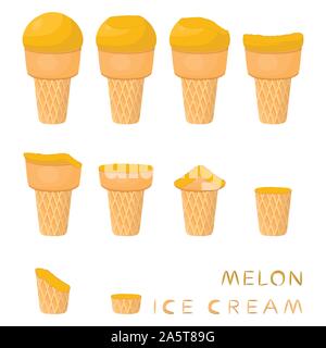 Vector illustration for natural melon ice cream on waffle cone. Ice Cream pattern consisting of sweet cold icecream, tasty frozen dessert. Fresh fruit Stock Vector