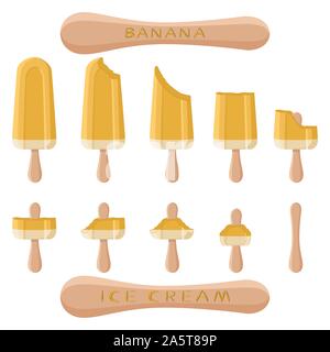 Vector illustration logo for natural banana ice cream on stick. Ice Cream pattern consisting of sweet cold icecream, set tasty frozen dessert. Fresh f Stock Vector