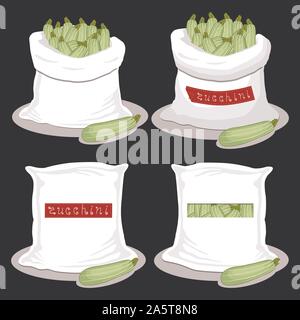 Vector illustration for bags filled with vegetable green zucchini, storage in sacks. Zucchini pattern consisting of ripe food, raw product on open Sac Stock Vector