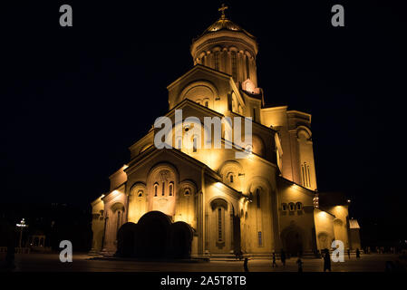 Tbilisi Sameda Cathedral (Holy Trinity) biggest Orthodox Cathedral by night, Tbilisi, Georgia Stock Photo