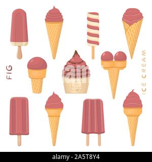 Vector illustration for natural fig ice cream on stick, in paper bowls, wafer cones. Ice Cream consisting of sweet cold icecream lolly, set tasty froz Stock Vector